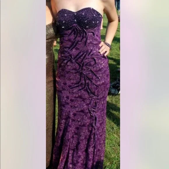 Purple Strapless Mermaid Prom Dress, Lace + Jeweled Detailing - Picture 1 of 6